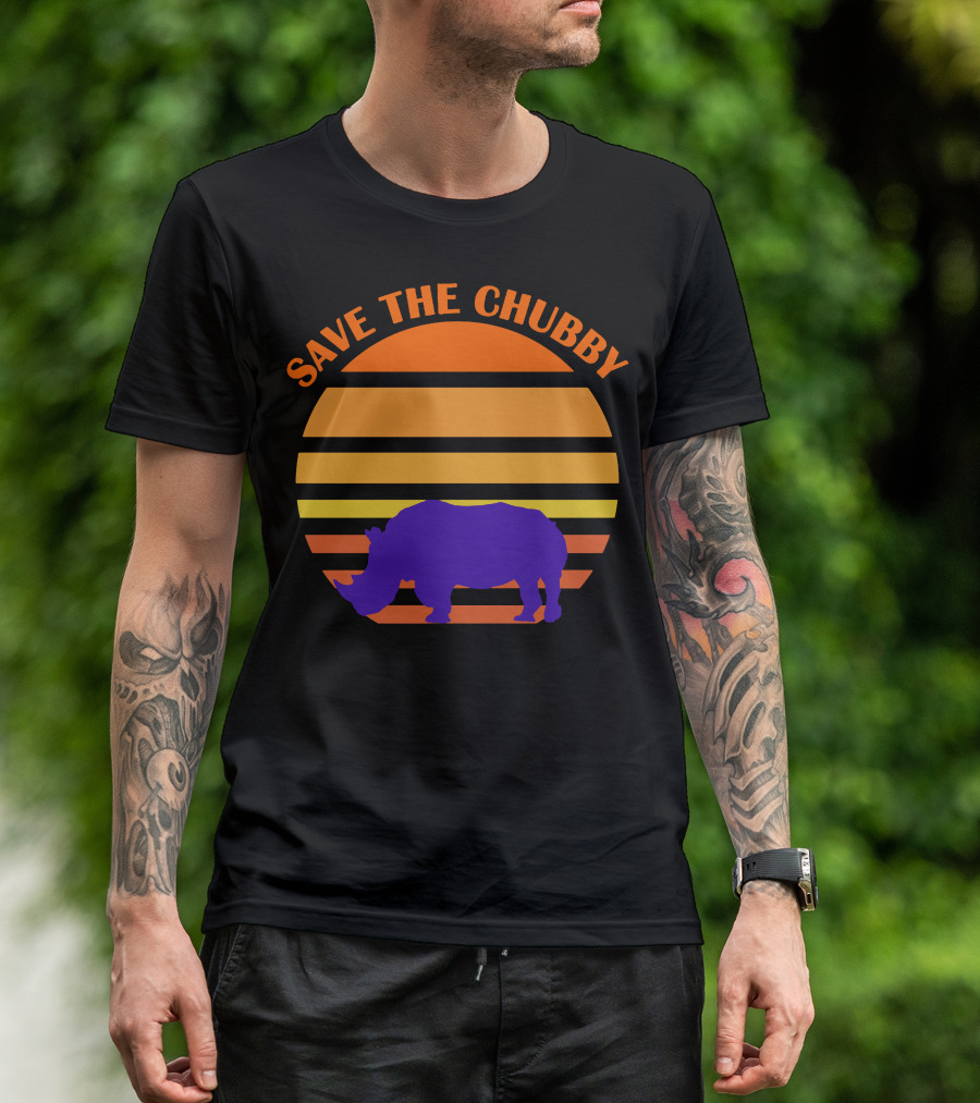 Save The Chubby Sunset Rhino Conservation Retro Stripe T-Shirt