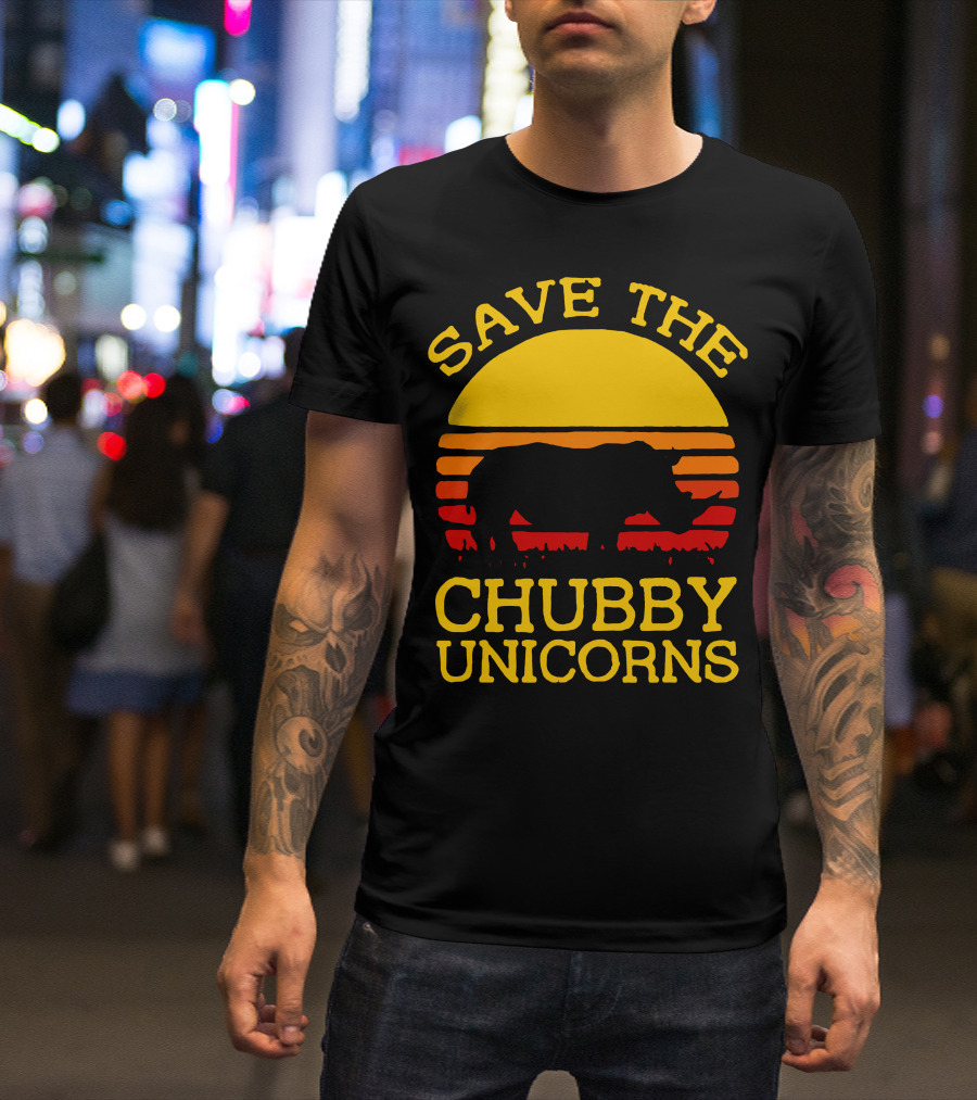 Save The Chubby Unicorns Retro Sunset Rhino T-Shirt