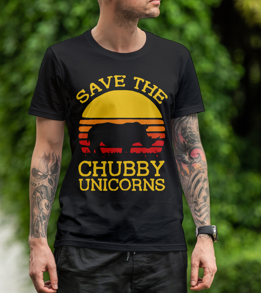 Save The Chubby Unicorns Retro Sunset Rhino T-Shirt