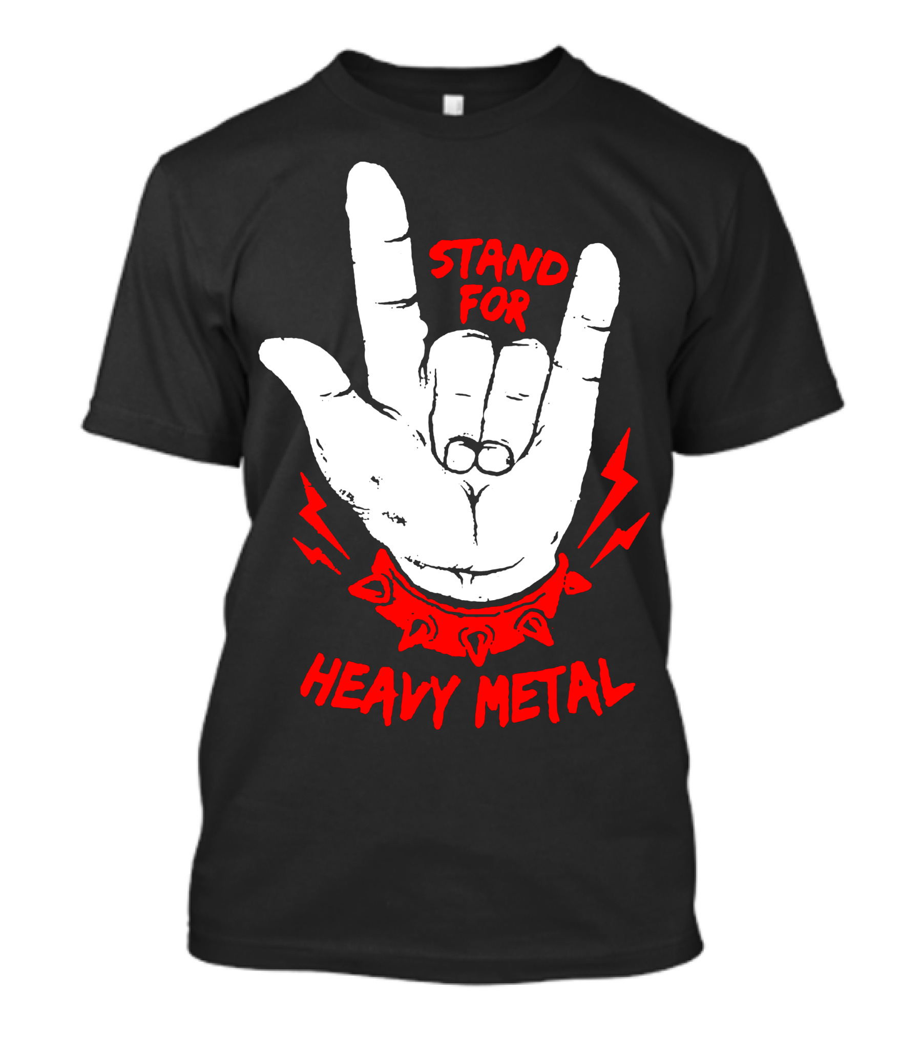 Stand For Heavy Metal Hand Gesture With Red Spiked Wristband And Lightning Bolts T-Shirt