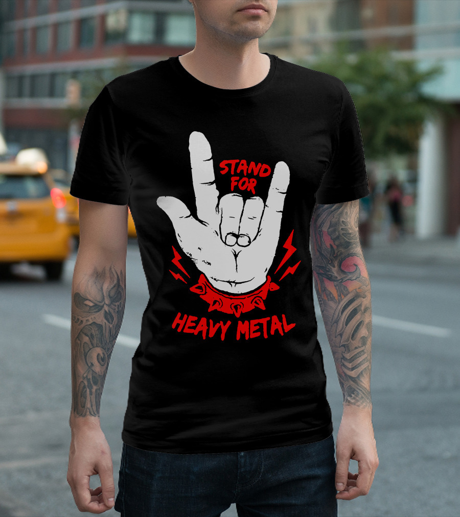 Stand For Heavy Metal Hand Gesture With Red Spiked Wristband And Lightning Bolts T-Shirt