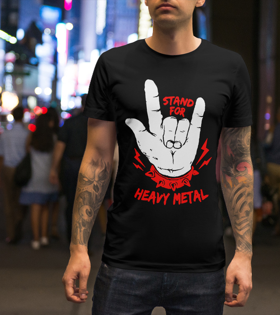 Stand For Heavy Metal Hand Gesture With Red Spiked Wristband And Lightning Bolts T-Shirt