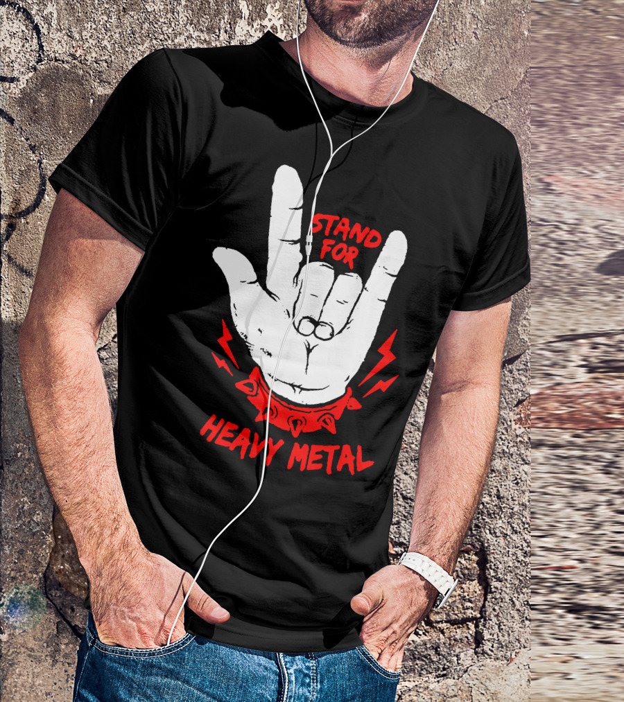 Stand For Heavy Metal Hand Gesture With Red Spiked Wristband And Lightning Bolts T-Shirt