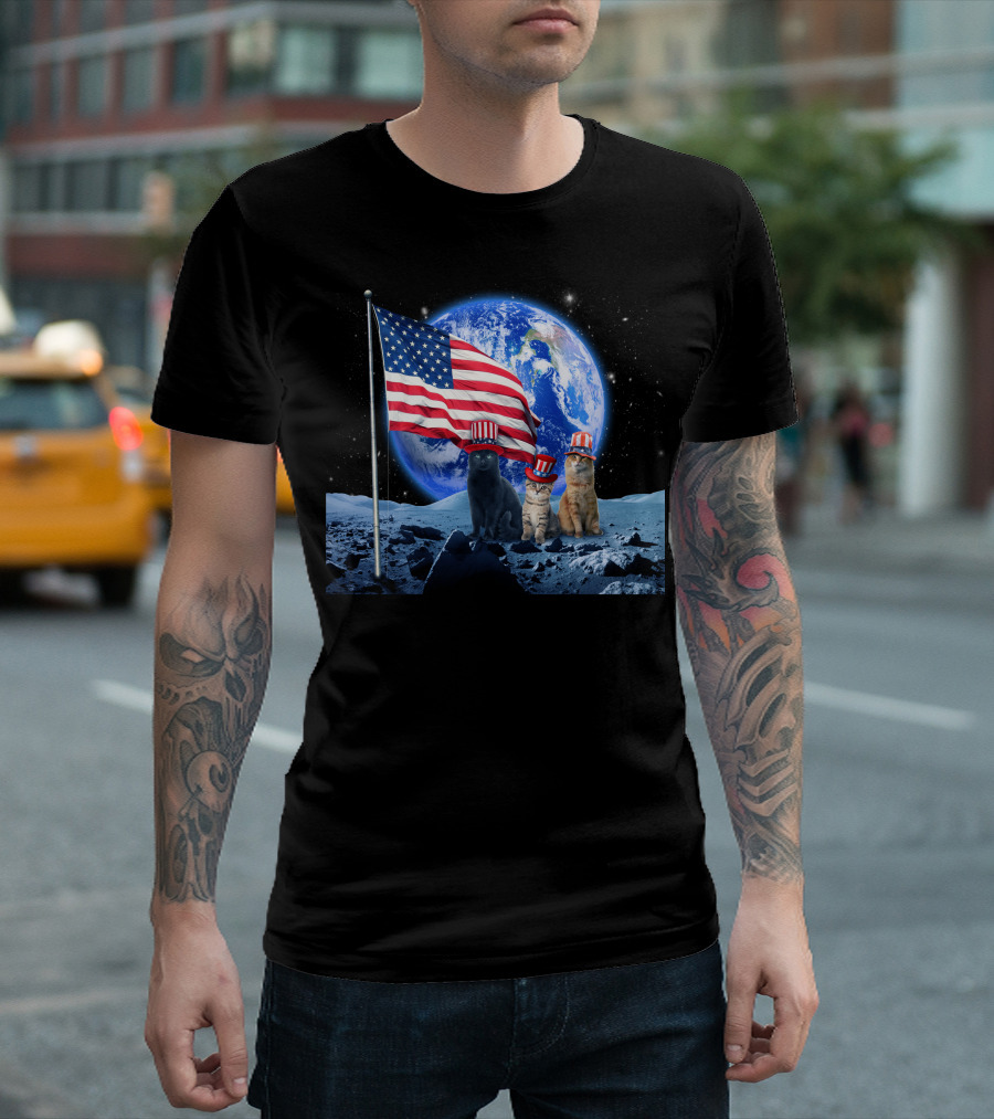 Three Patriotic Cats in Uncle Sam Hats on Moon with USA Flag and Earth Background T-Shirt