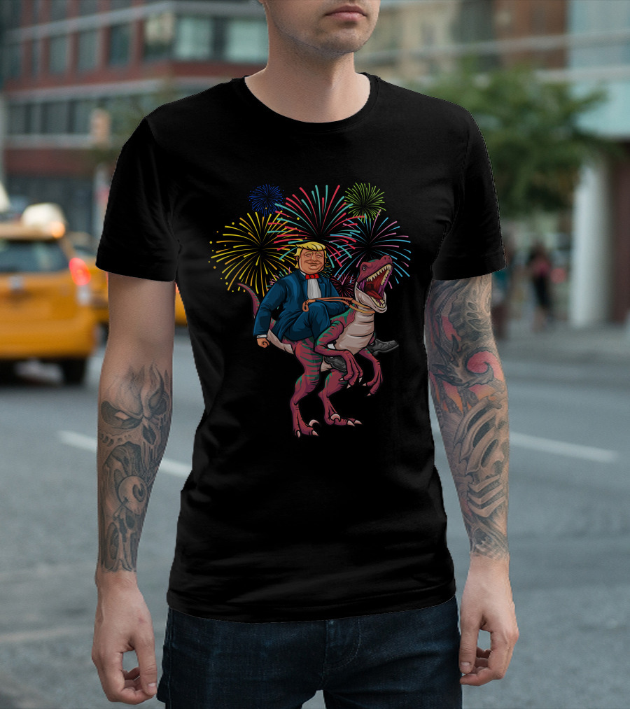 Trump Riding A Dinosaur with Fireworks T-Shirt