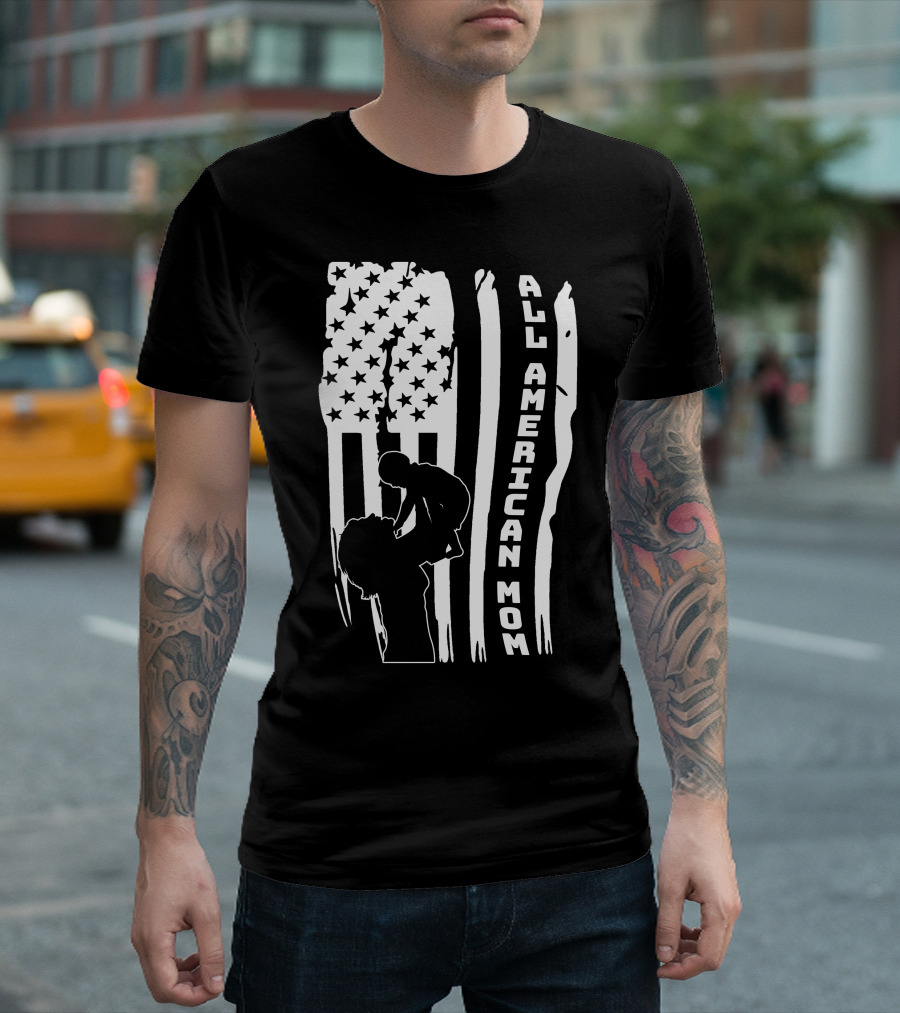All American Mom Silhouette With Flag And Child For T-Shirt