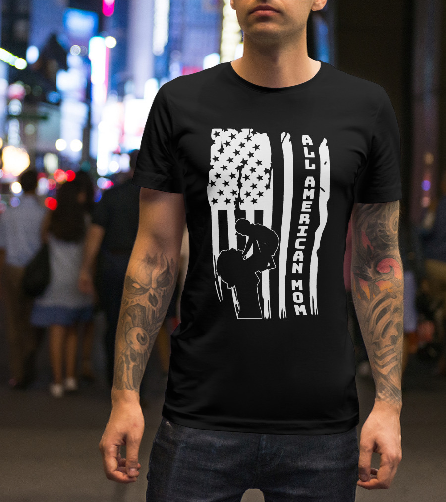 All American Mom Silhouette With Flag And Child For T-Shirt