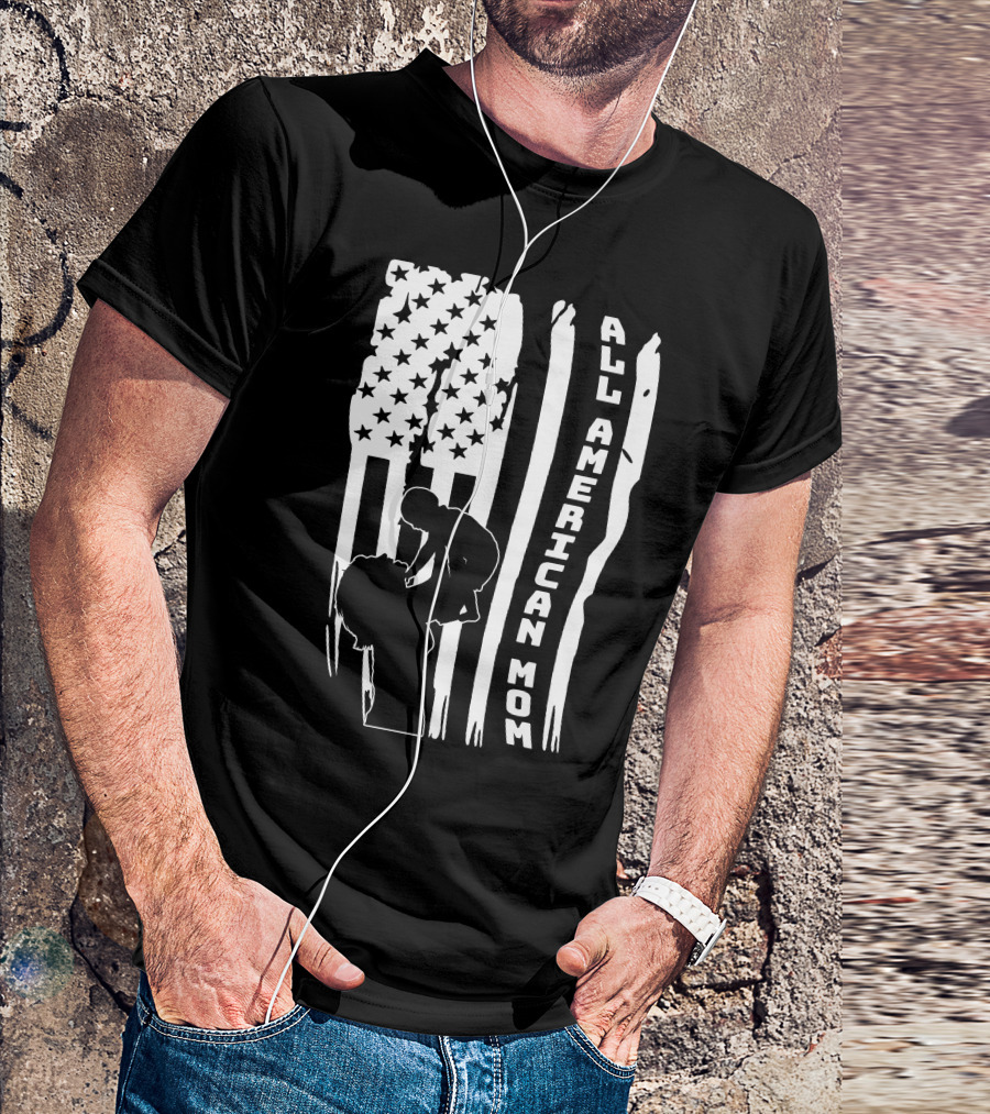 All American Mom Silhouette With Flag And Child For T-Shirt