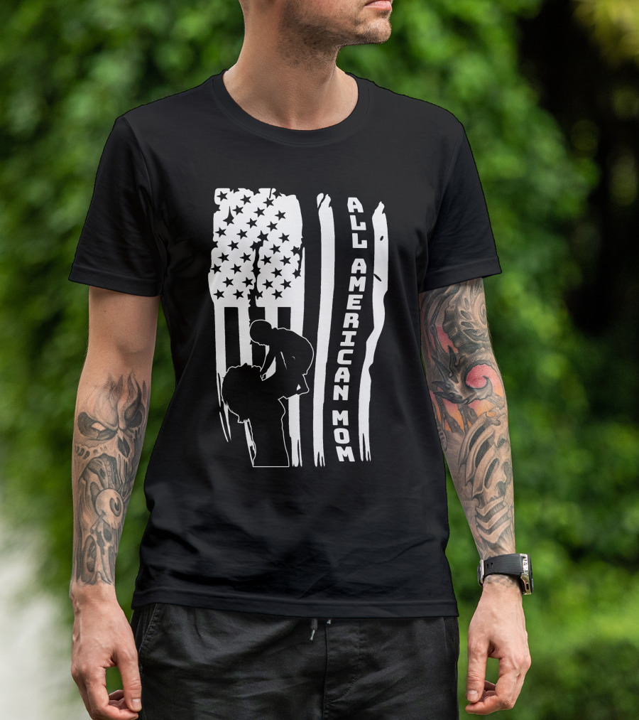 All American Mom Silhouette With Flag And Child For T-Shirt