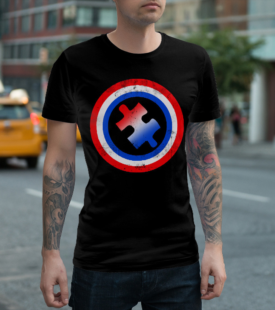 Autism Puzzle Piece in Red White Blue Circle T-Shirt