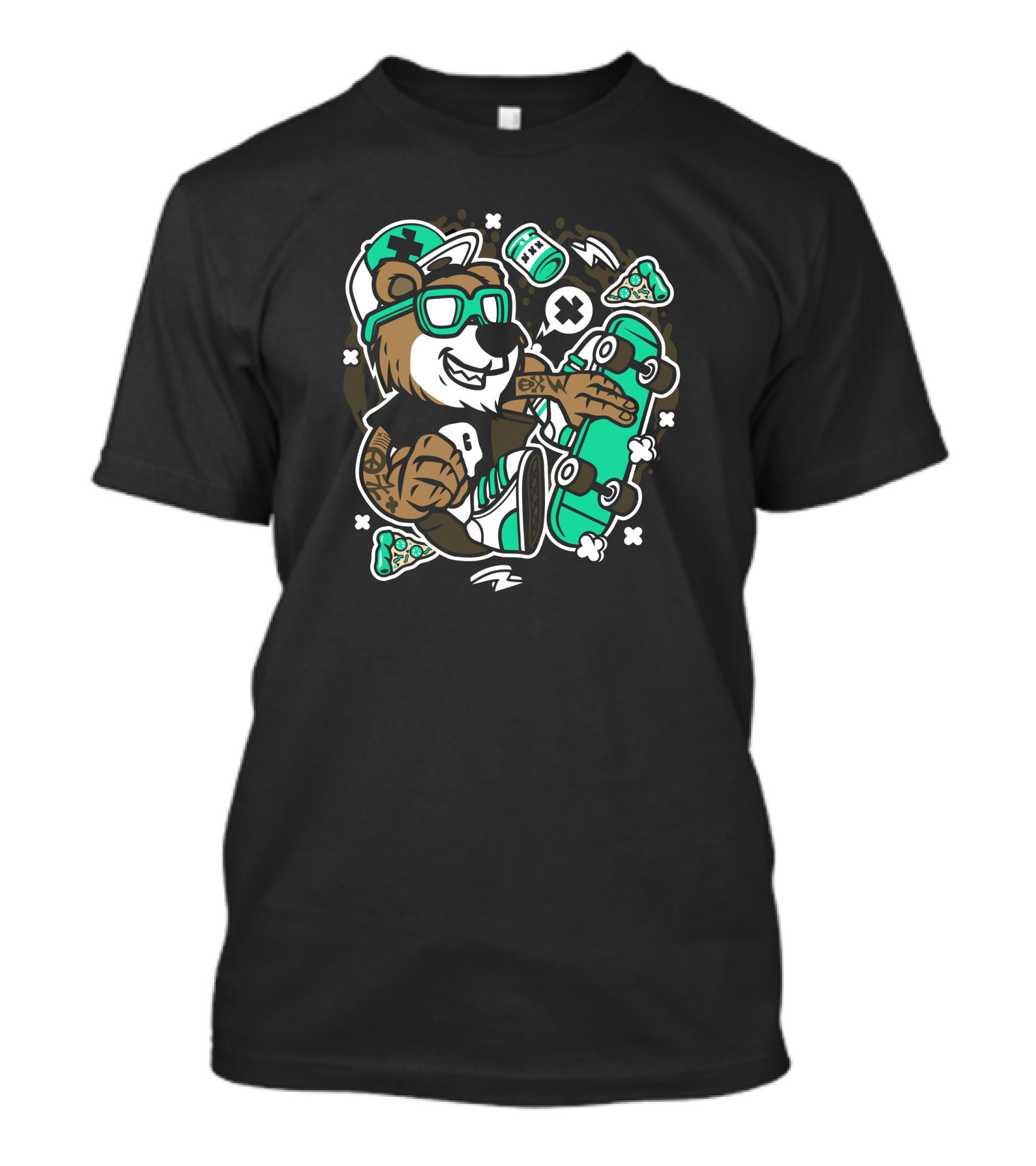 Bear Skater Pizza And Graffiti Style Skateboard Adventure T-Shirt