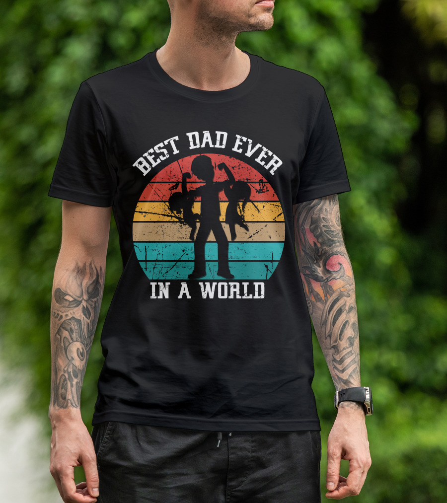 BEST DAD EVER IN A WORLD Retro Silhouette Dad And Kids Vintage Sunset T-Shirt
