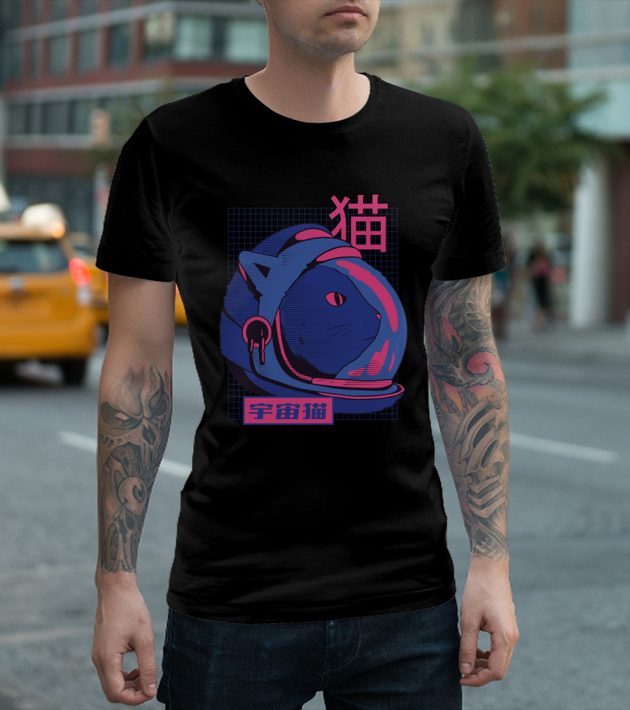 Clitch Space Cat 宇宙猫 Kanji Astronaut Helmet Neon Grid Background T-Shirt