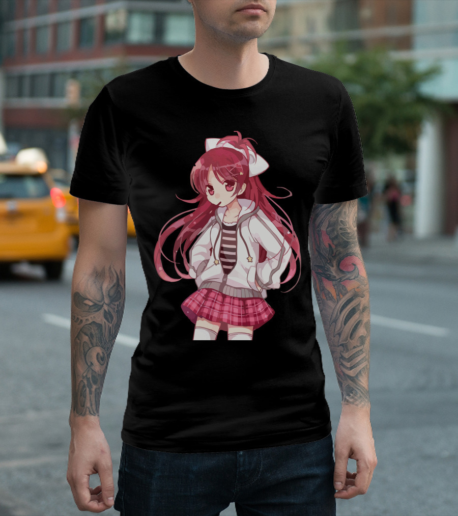 Cute Anime Girl with Pink Hair and Plaid Skirt T-Shirt