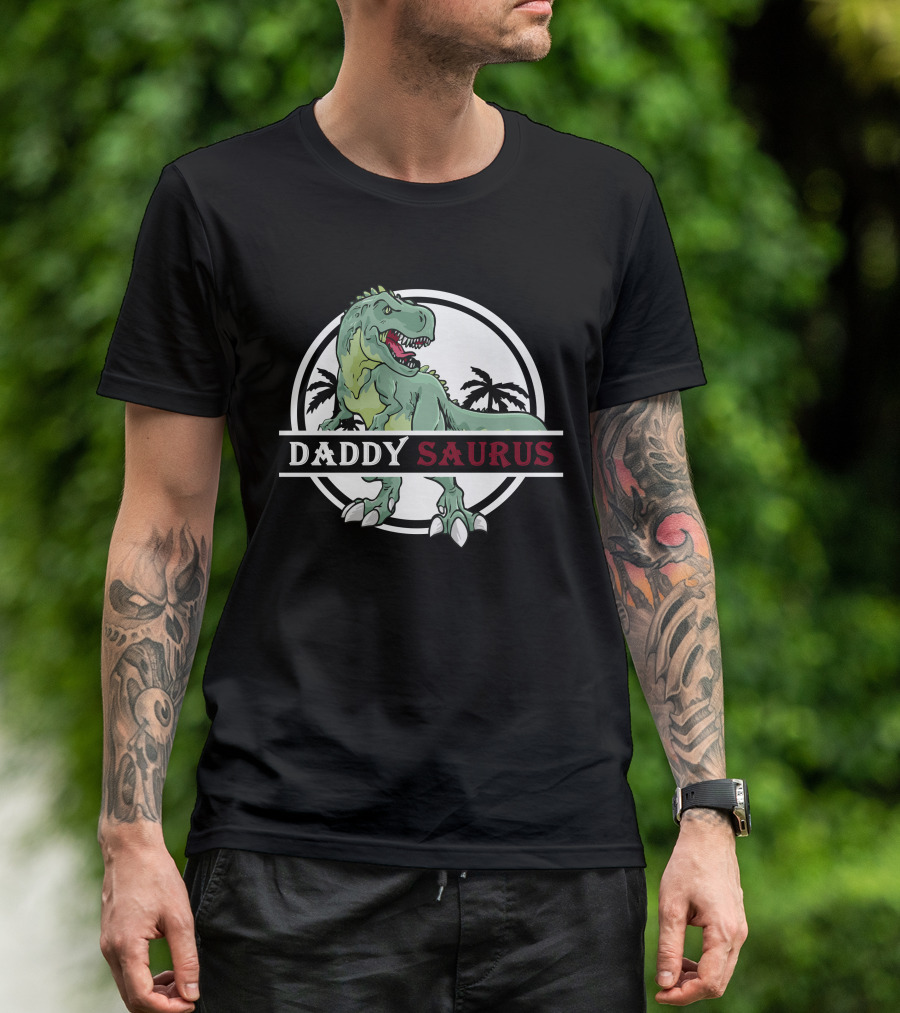 Daddy Saurus Dinosaur With T-Rex And Palm Trees T-Shirt