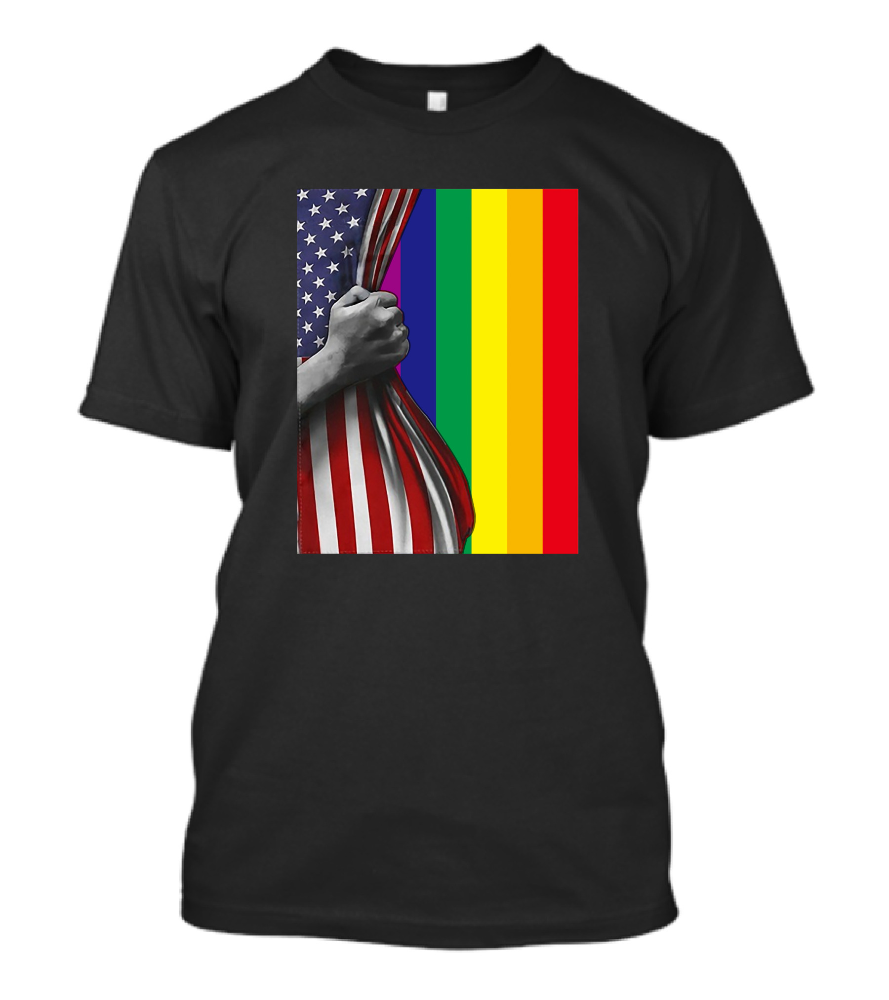 LGBT American Flag Pride Hand Pulling Back Stars Stripes Rainbow Colors T-Shirt