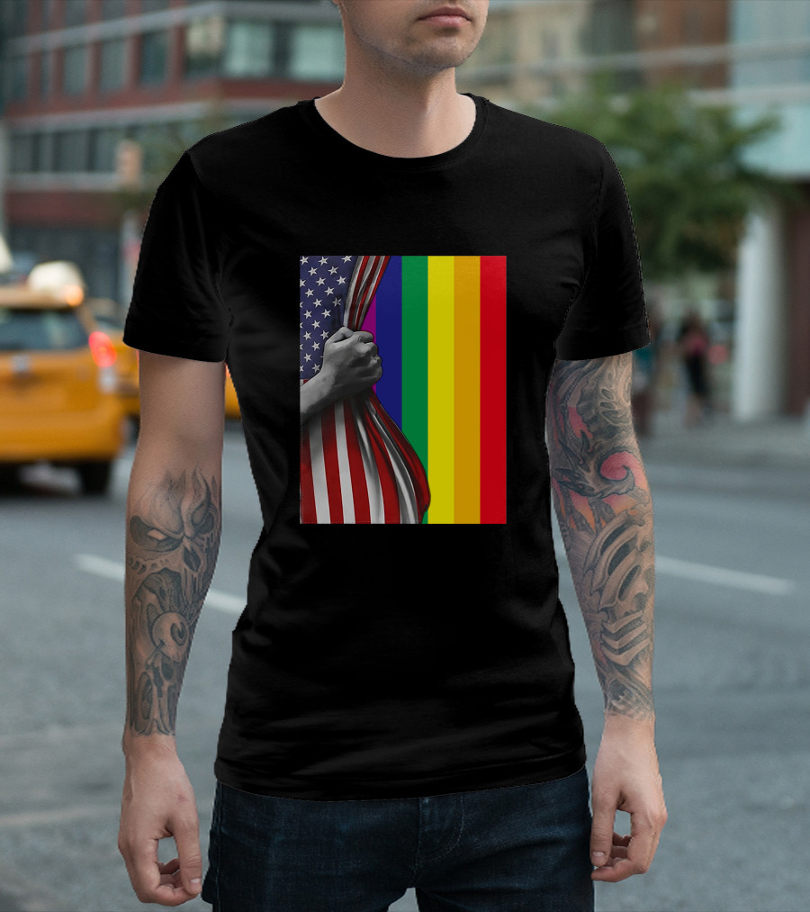 LGBT American Flag Pride Hand Pulling Back Stars Stripes Rainbow Colors T-Shirt