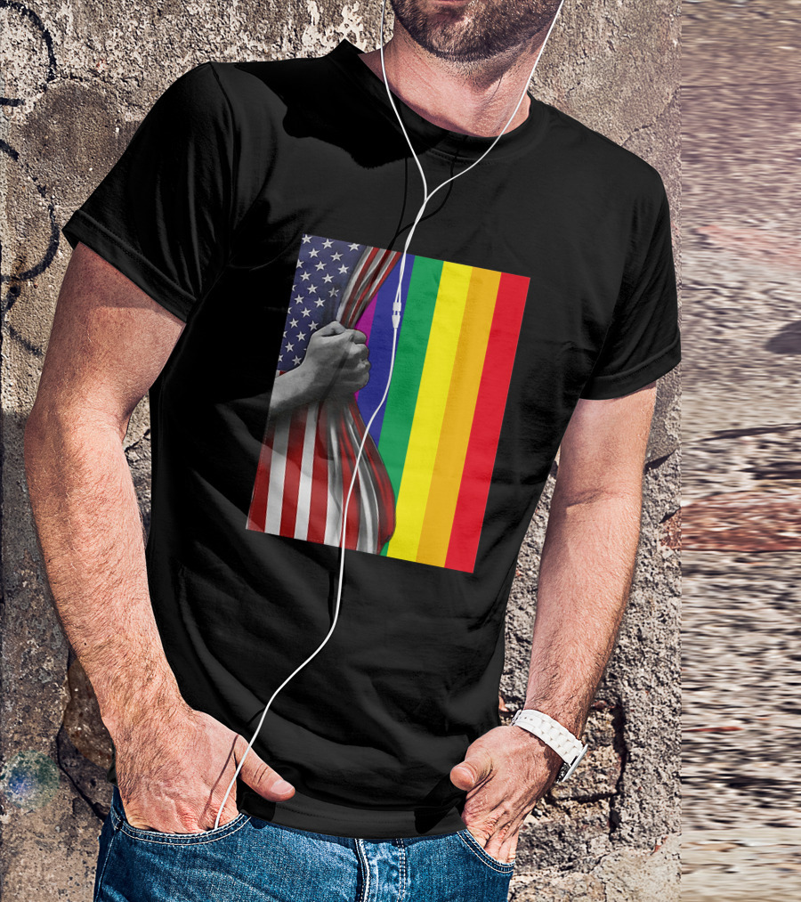 LGBT American Flag Pride Hand Pulling Back Stars Stripes Rainbow Colors T-Shirt