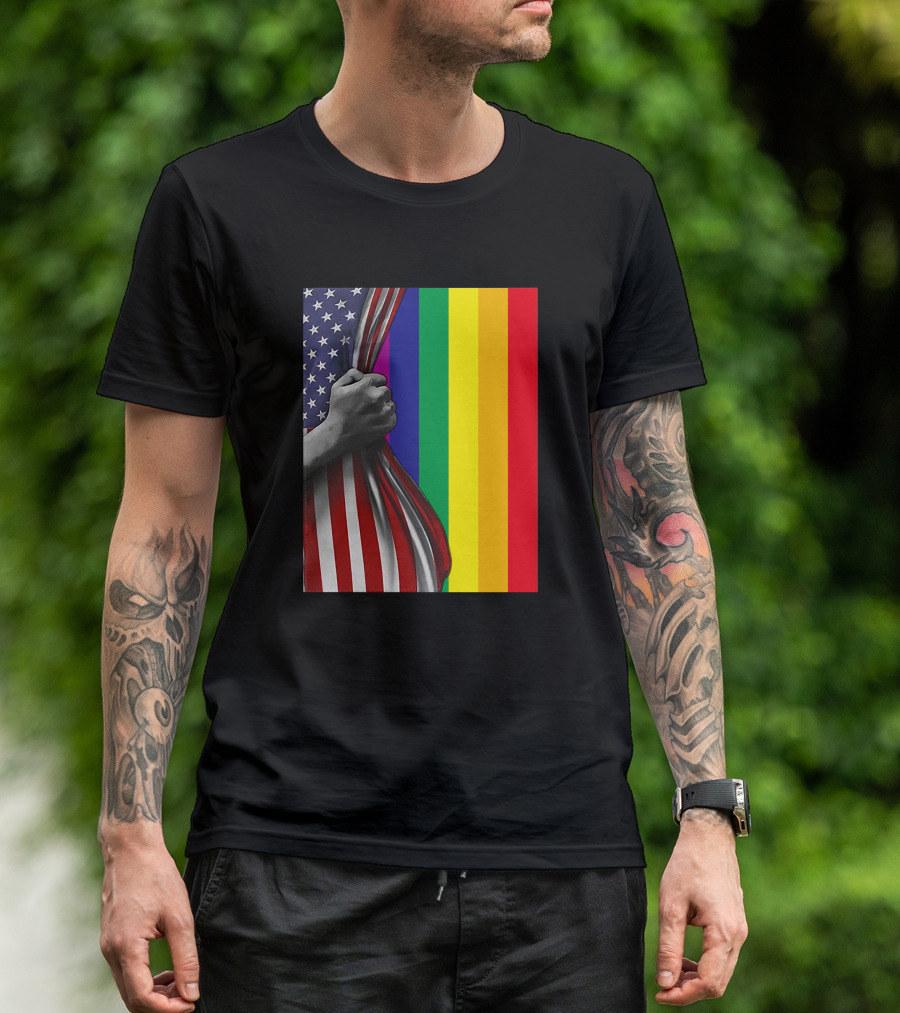 LGBT American Flag Pride Hand Pulling Back Stars Stripes Rainbow Colors T-Shirt