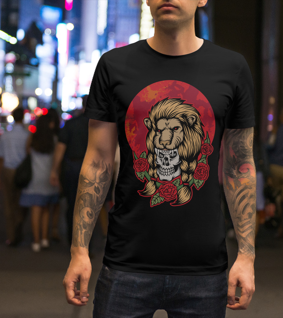 Lion Skull Red Sun Roses T-Shirt
