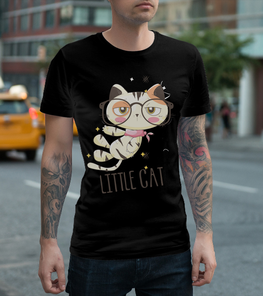Little Cat Glasses Cartoon Calico Drawing T-Shirt