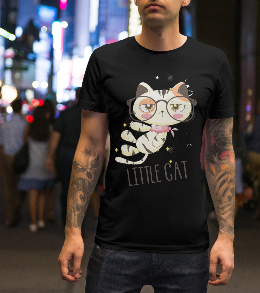 Little Cat Glasses Cartoon Calico Drawing T-Shirt