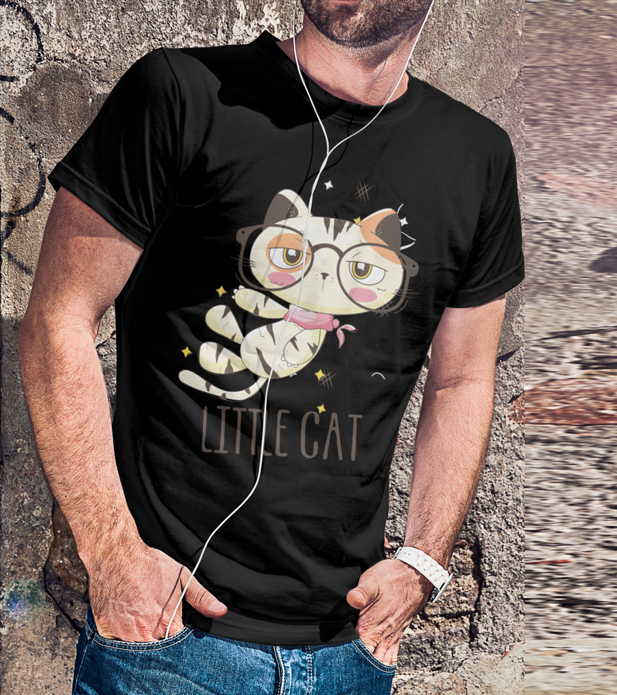 Little Cat Glasses Cartoon Calico Drawing T-Shirt