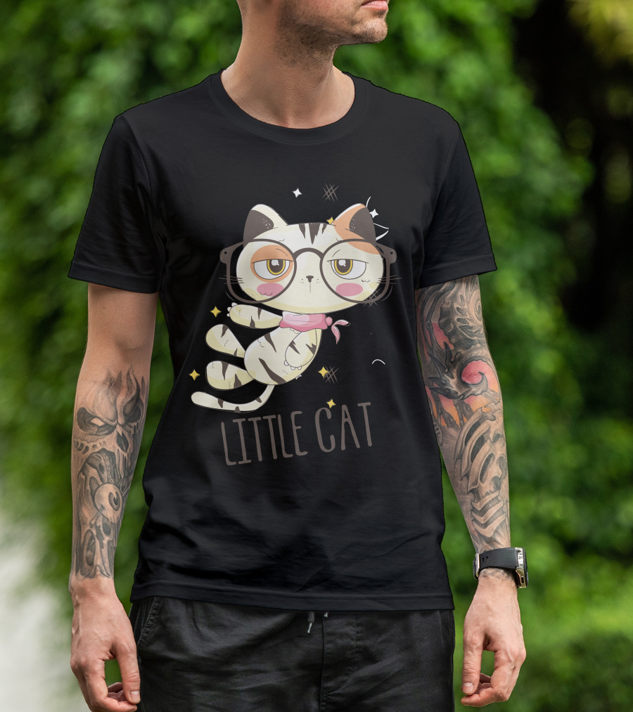 Little Cat Glasses Cartoon Calico Drawing T-Shirt