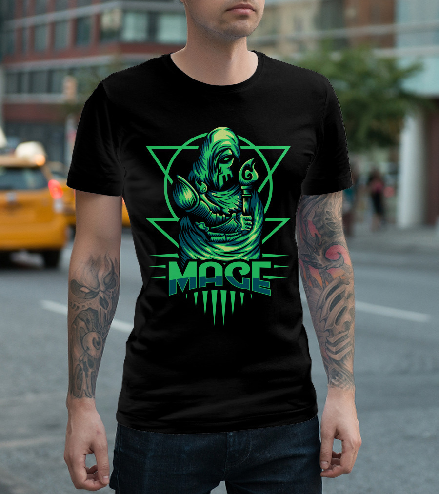 Mage Skull Hooded Figure with Staff Green Geometric Background T-Shirt