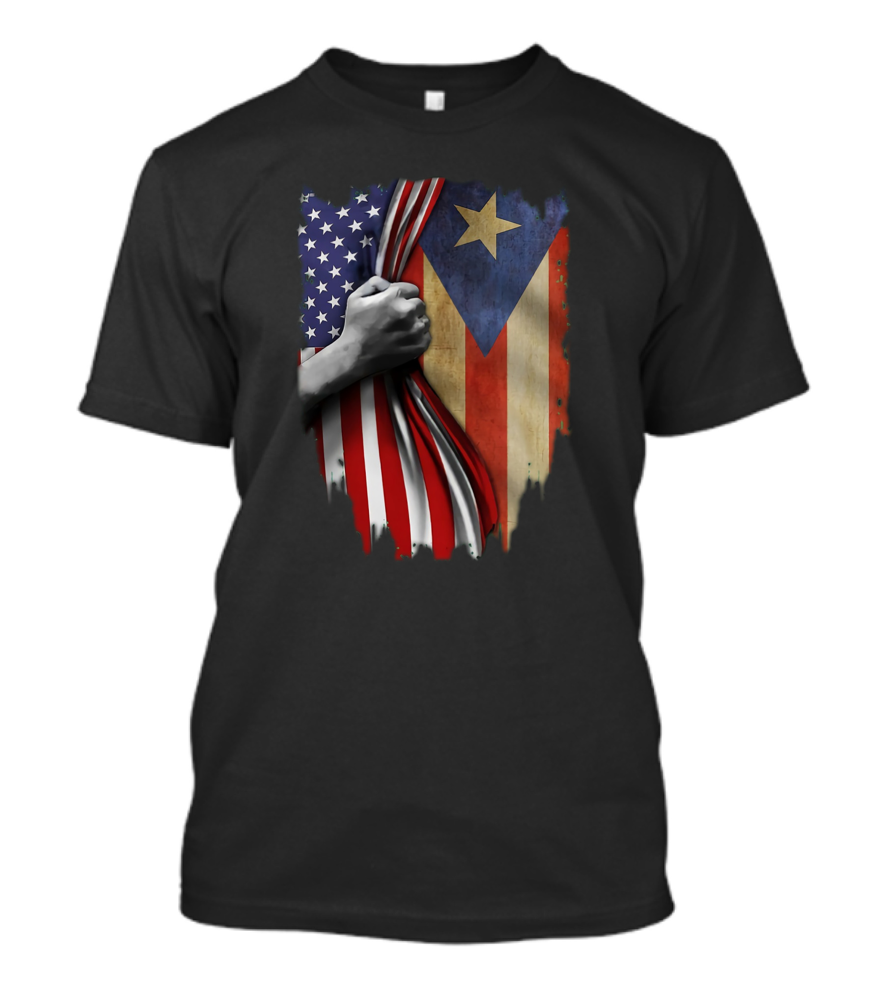Puerto Rican Flag Rip With American Flag Fist Gesture T-Shirt