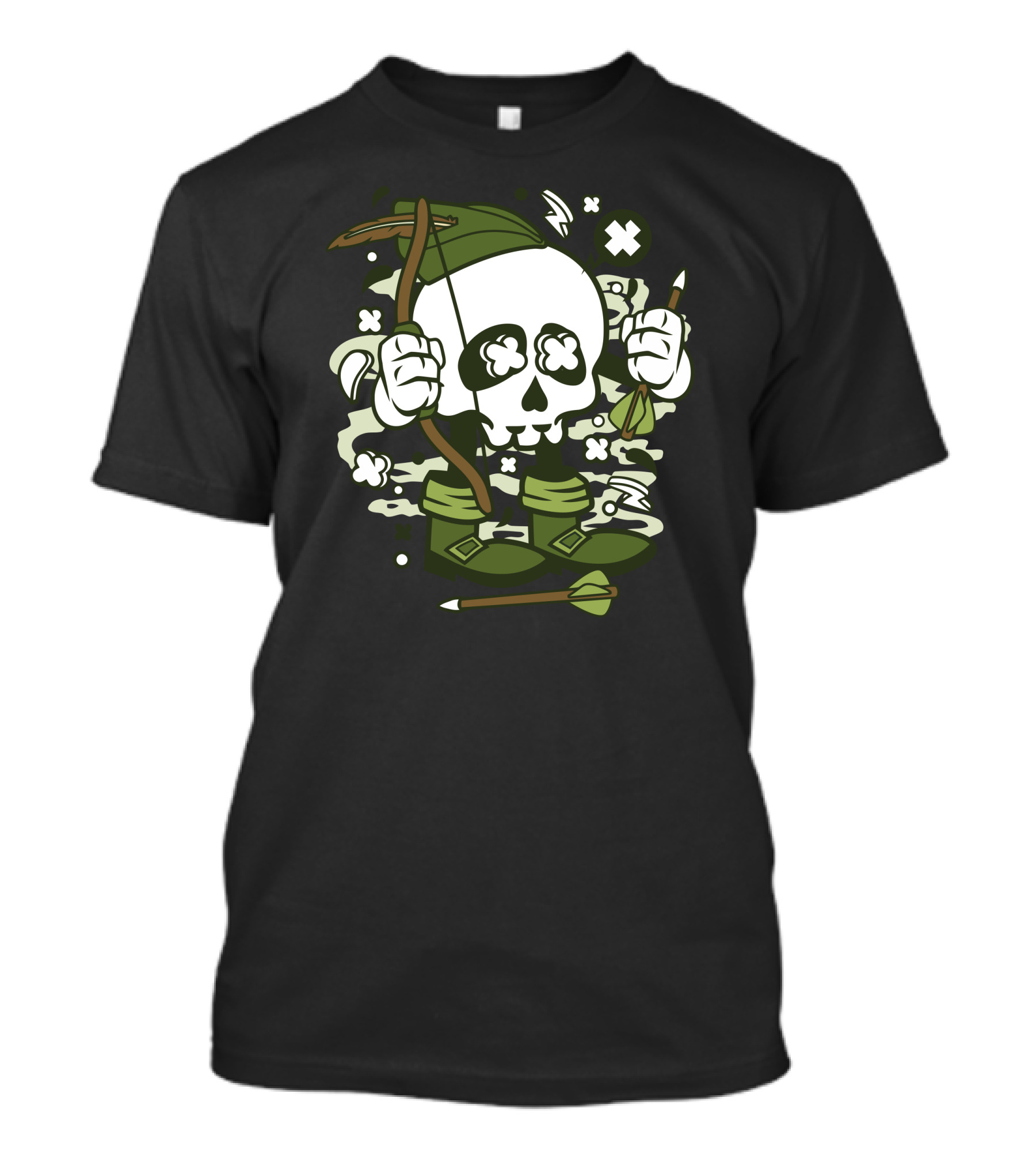 Robin Hood Skull Archer With Crossed Eyes And Boots T-Shirt