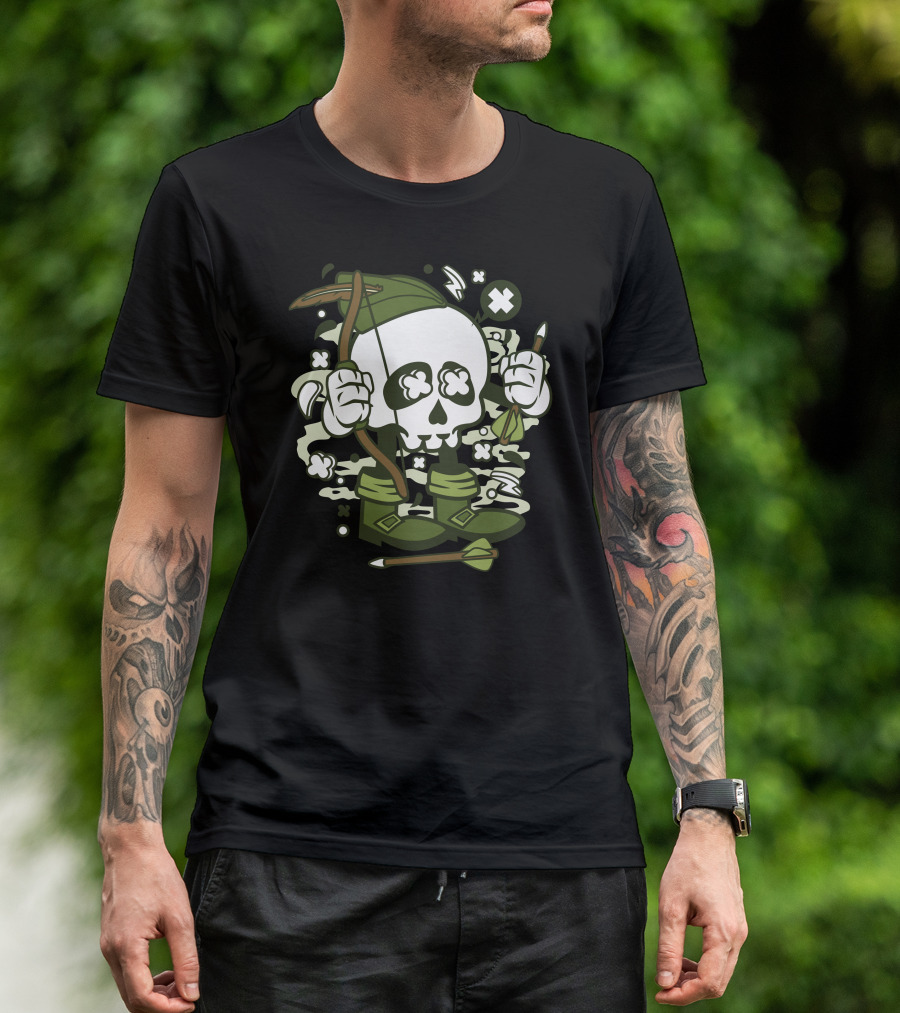 Robin Hood Skull Archer With Crossed Eyes And Boots T-Shirt