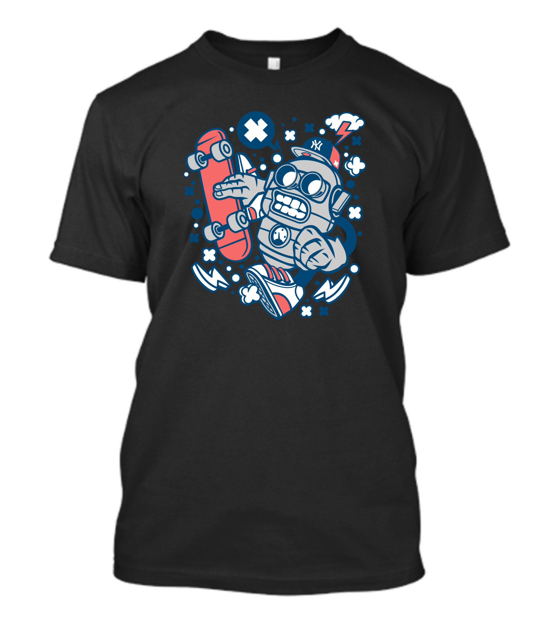 Robot Skater With Red Skateboard And Blue Cap T-Shirt