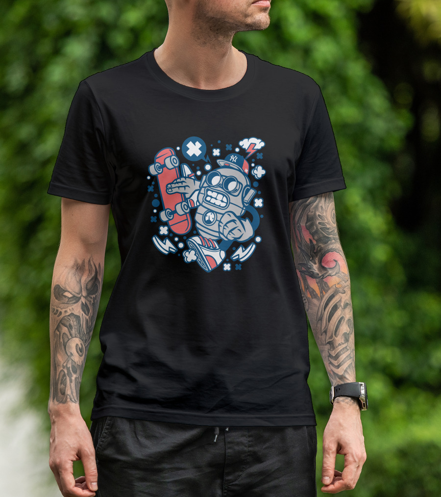 Robot Skater With Red Skateboard And Blue Cap T-Shirt
