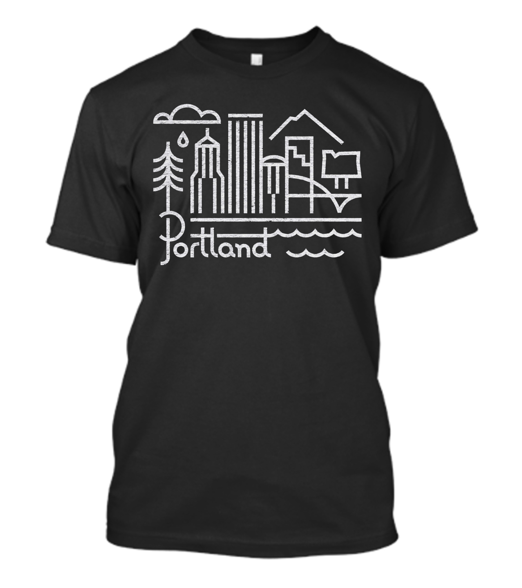 Portland Rose City Skyline With Mountain And Tree Elements T-Shirt