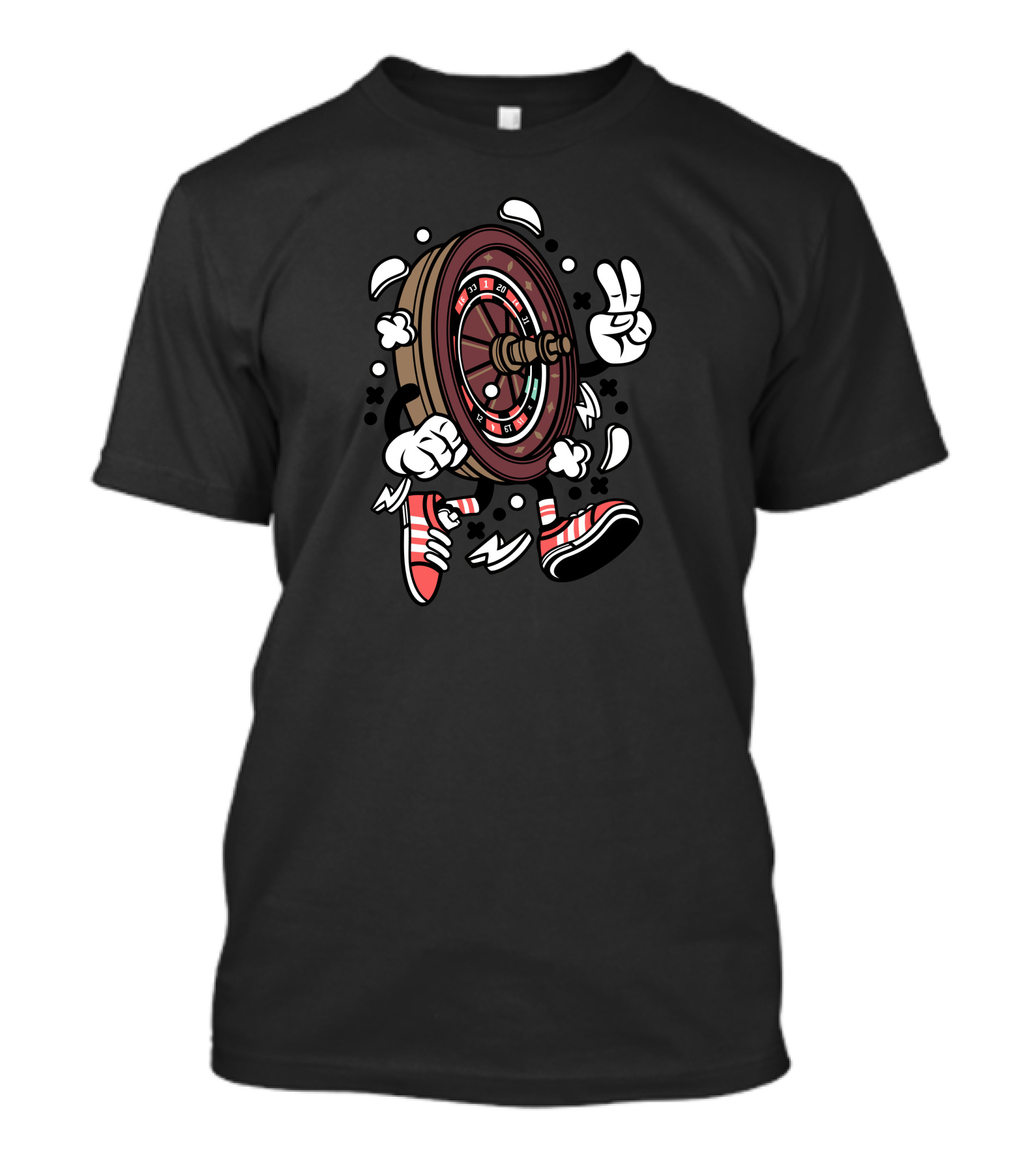 Roulette Wheel With Running Cartoon Sneakers And Peace Sign Hands T-Shirt