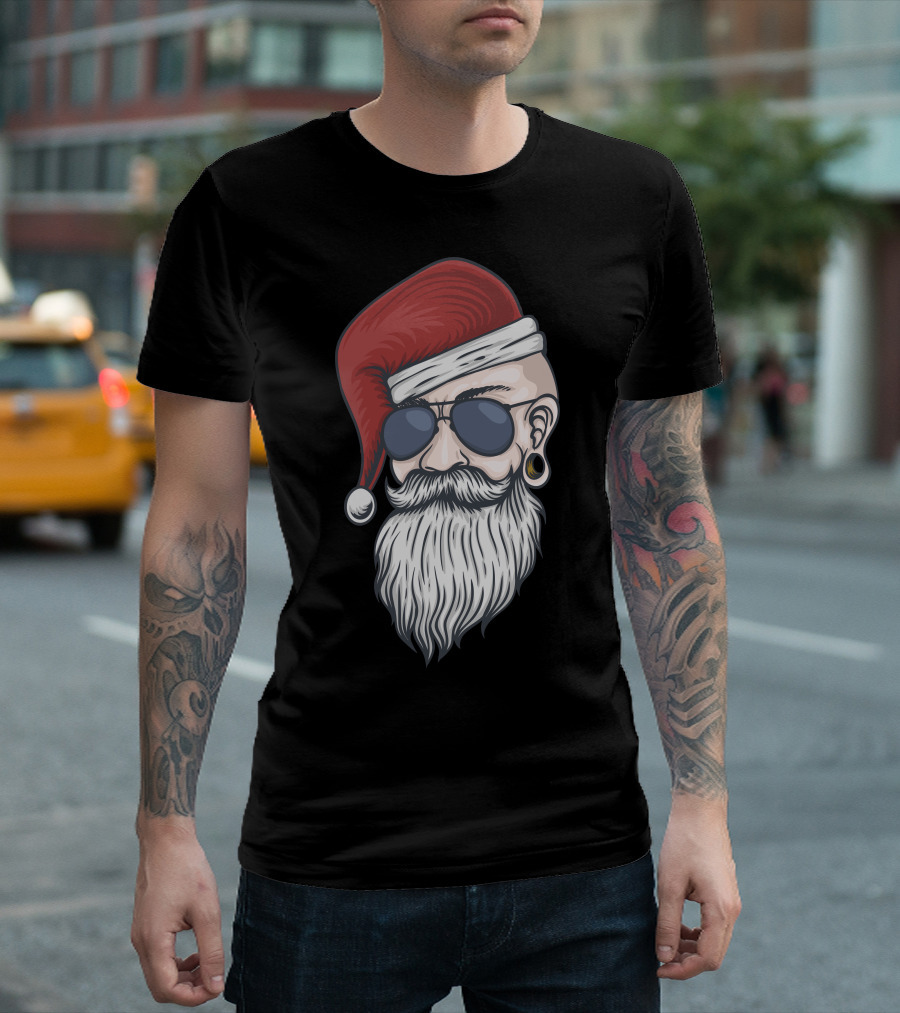 Santa Claus Hipster Sunglasses Beard Santa Hat T-Shirt
