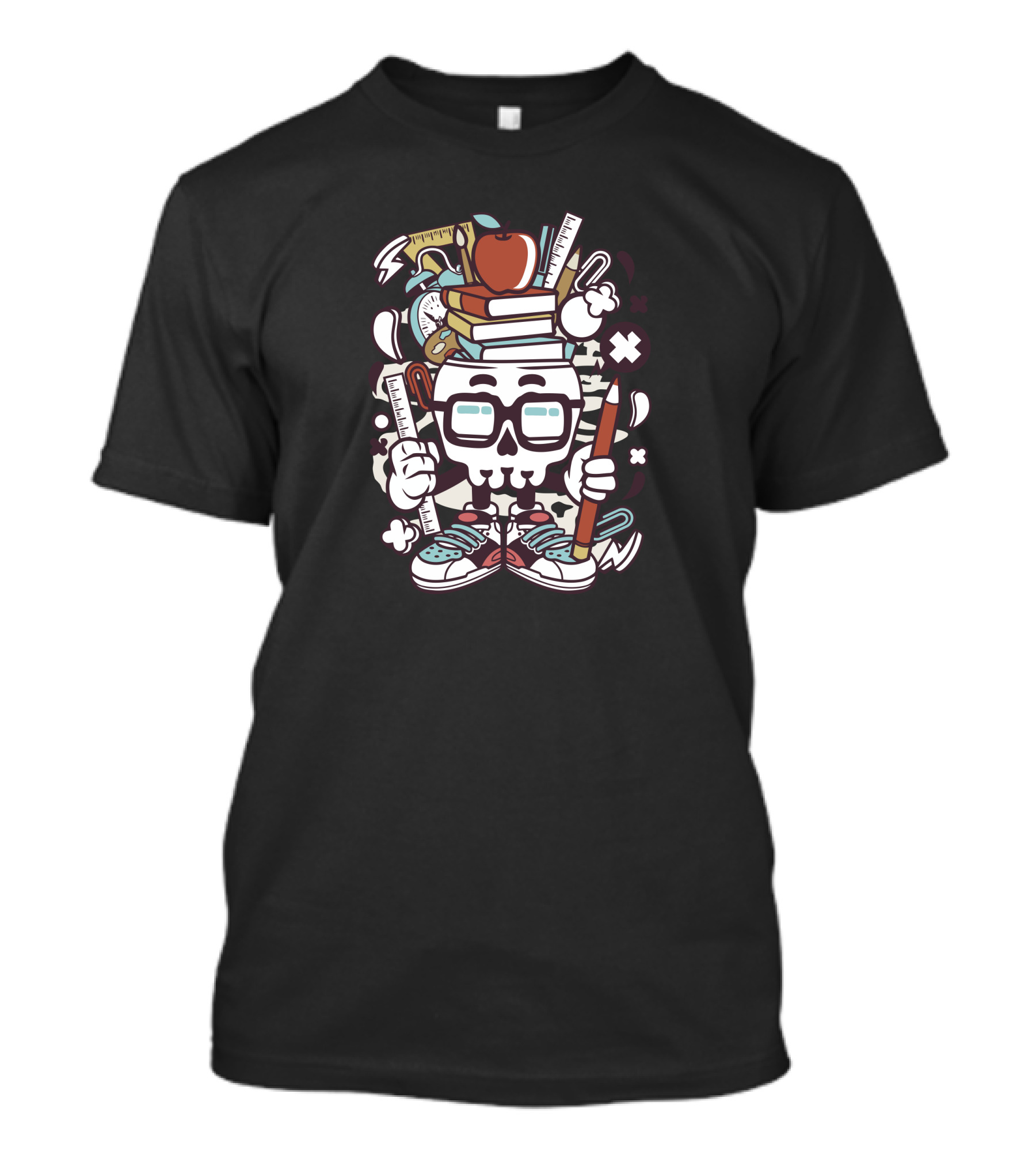 School Kid Skull Glasses Books Apple Sneaker Art Supplies Ruler Pencil T-Shirt