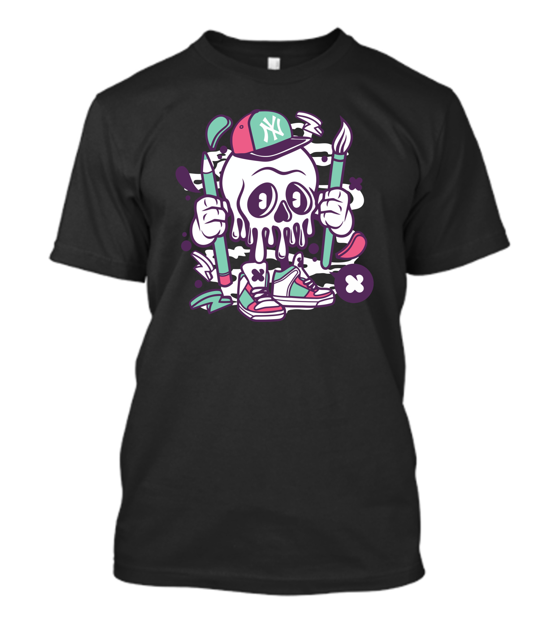 Skull With New York Cap Holding Paintbrush And Golf Club T-Shirt