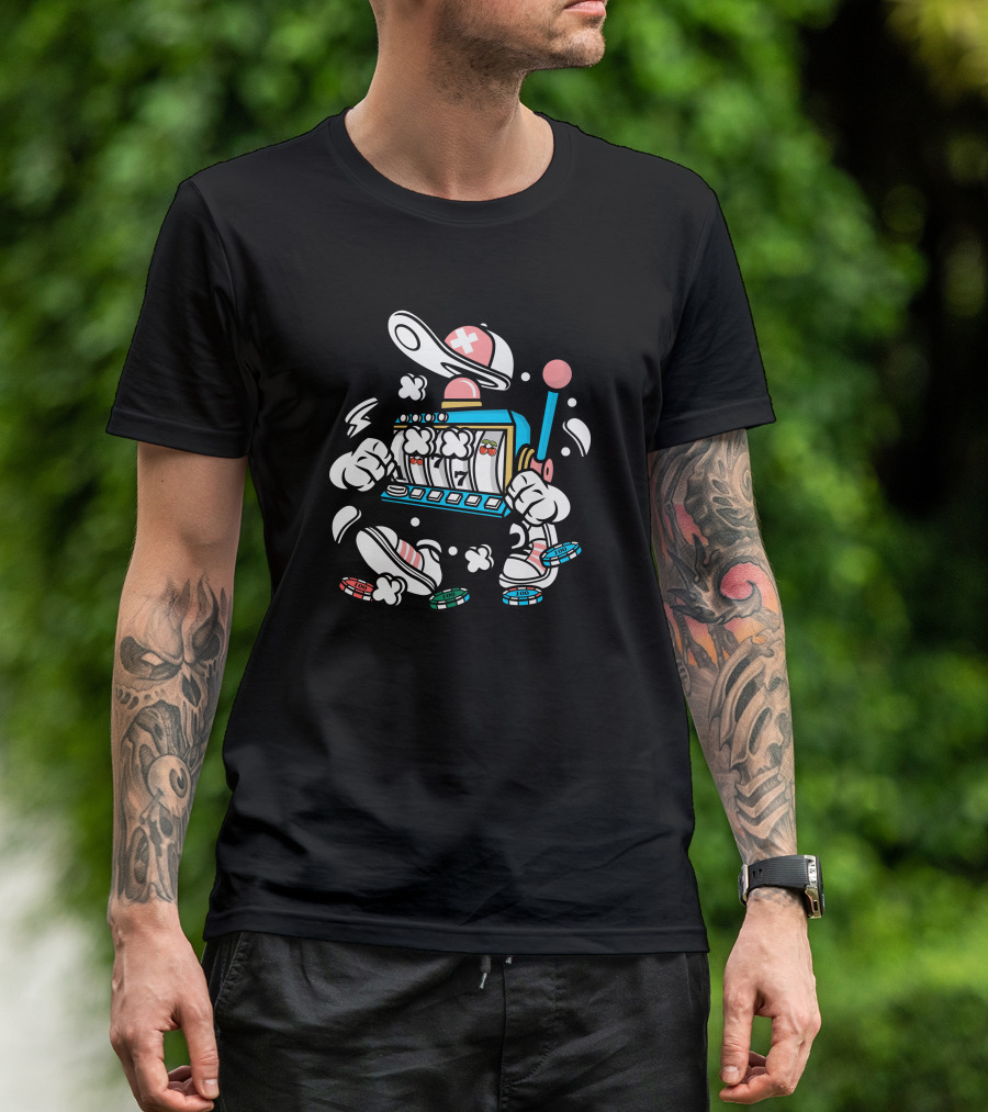 Slot Machine Cartoon With Hat And Poker Chips T-Shirt