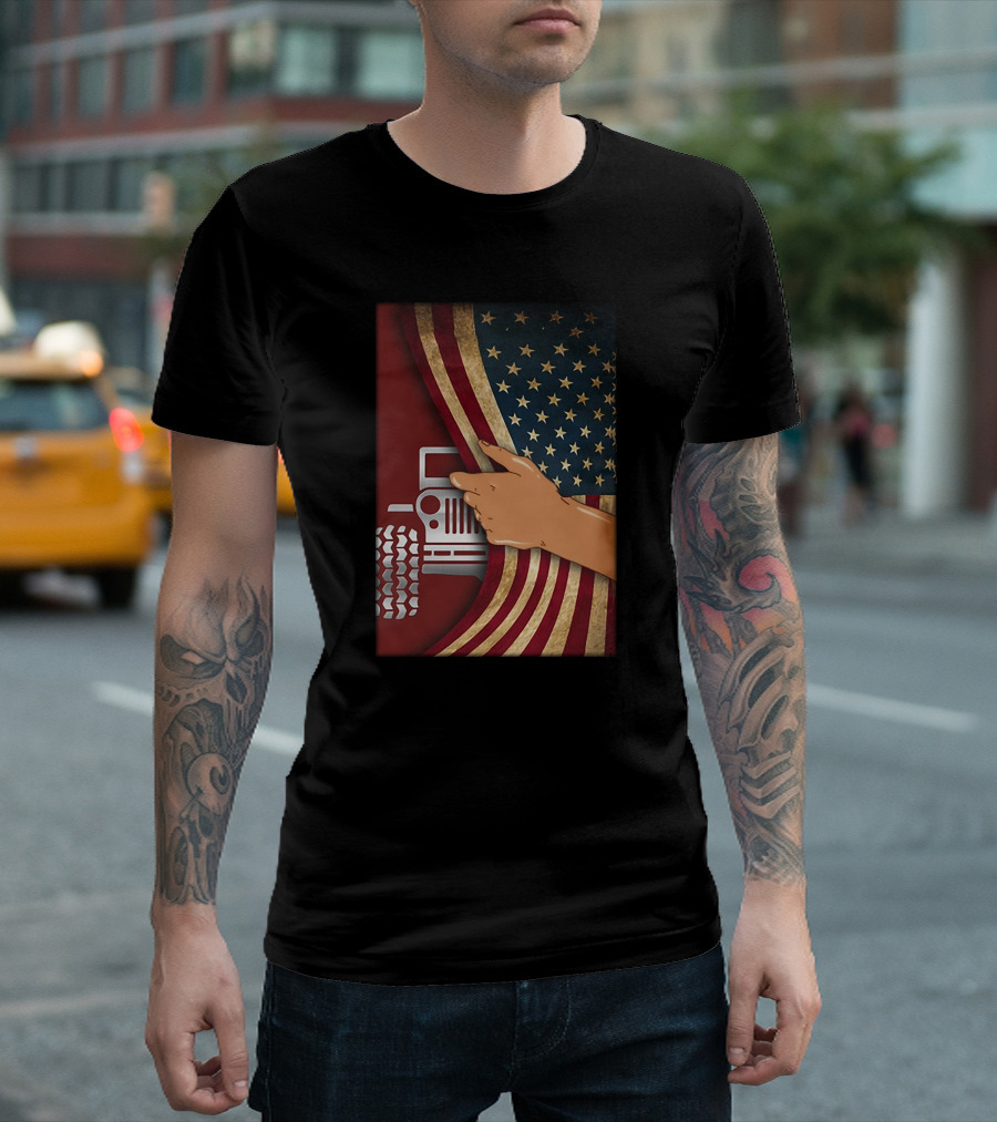 Srs Jp Hand Lifting American Flag Revealing Tractor T-Shirt