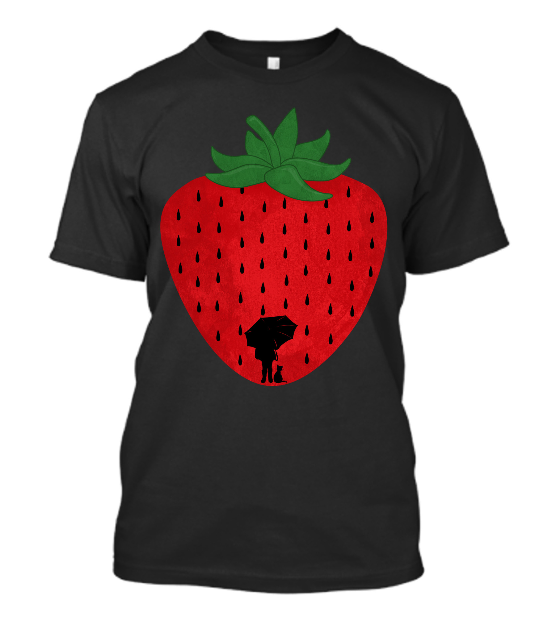 Strawberry Rain Silhouette Under Umbrella With Cat And Raindrops T-Shirt