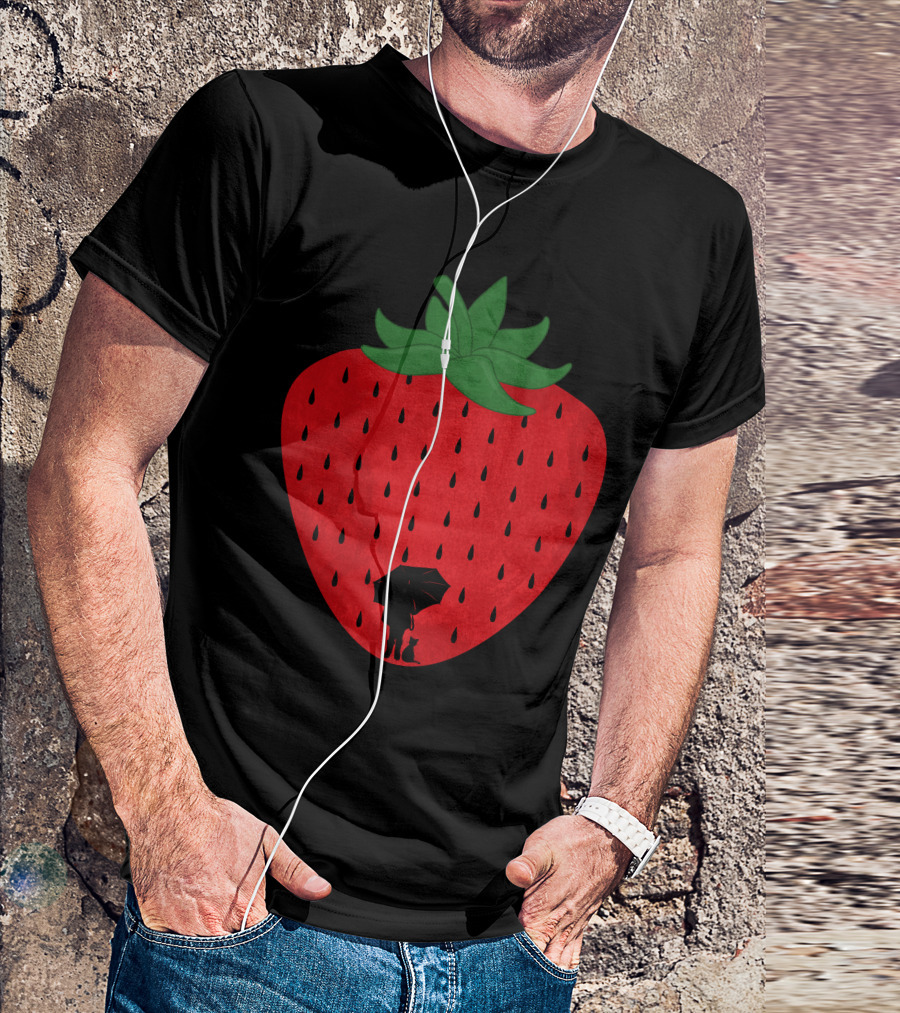 Strawberry Rain Silhouette Under Umbrella With Cat And Raindrops T-Shirt