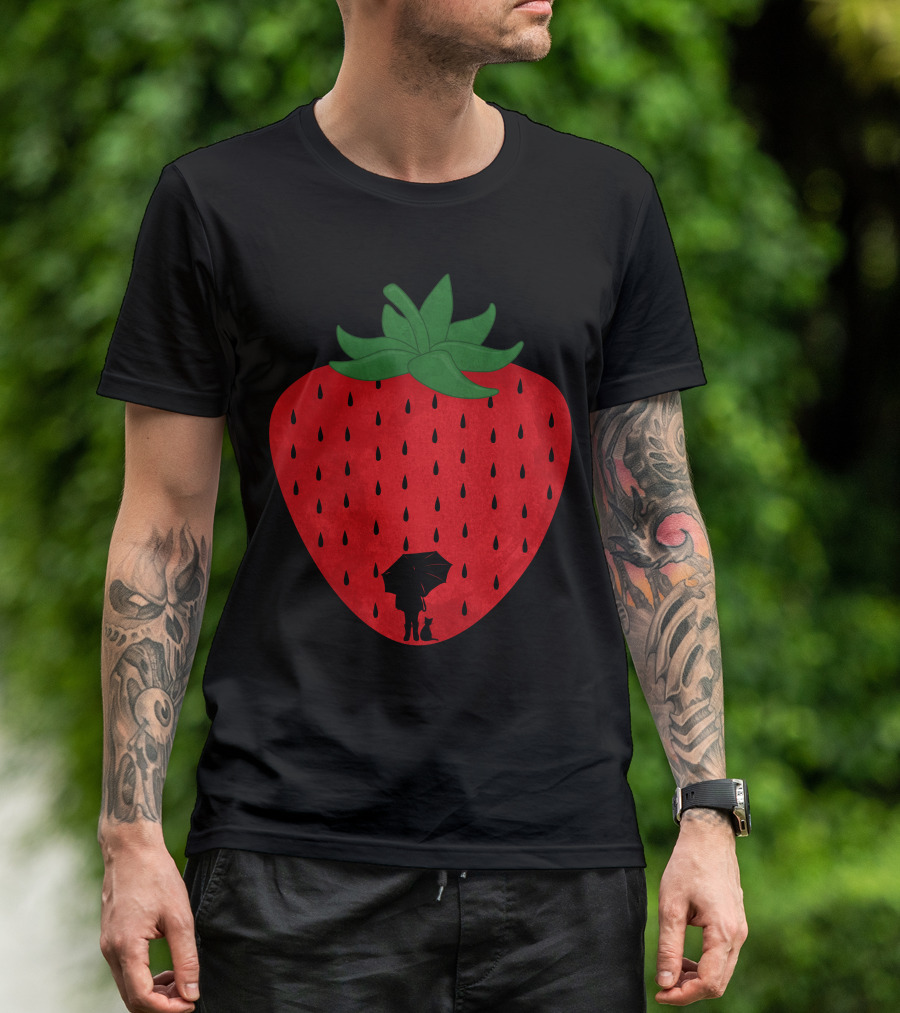 Strawberry Rain Silhouette Under Umbrella With Cat And Raindrops T-Shirt