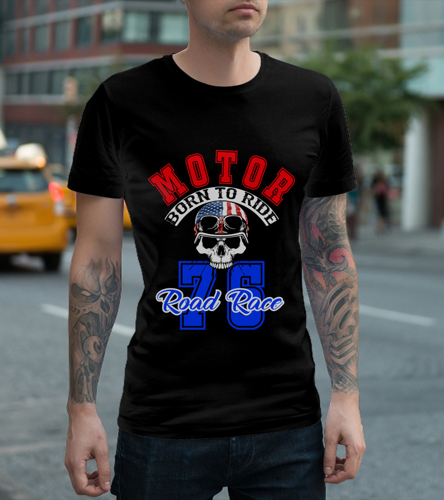 Superior Motor Born To Ride Road Race 76 Skull Helmet USA Flag T-Shirt