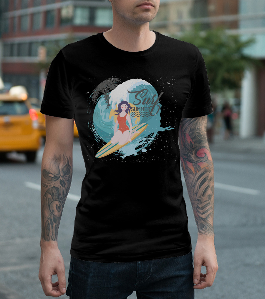 Surf Summer Ocean Wave and Palm Surfing 메탈릭 T-Shirt