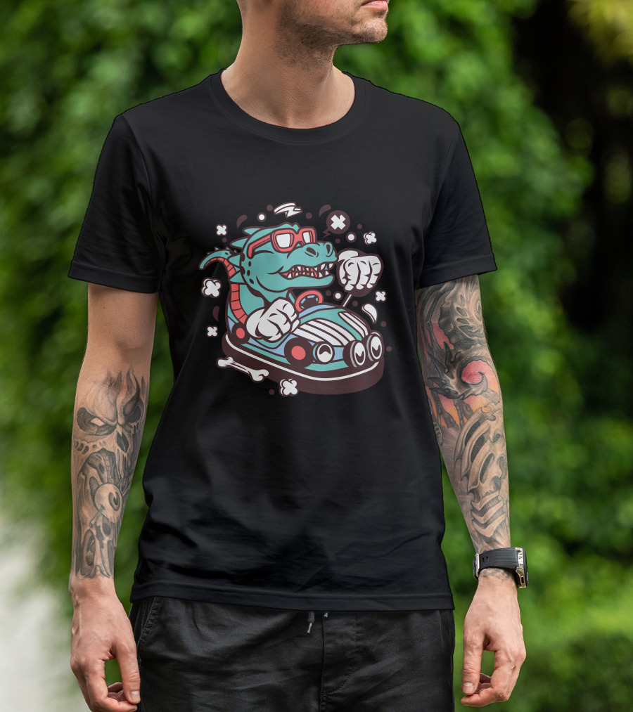 T Rex Driving Bumper Car With Sunglasses T-Shirt