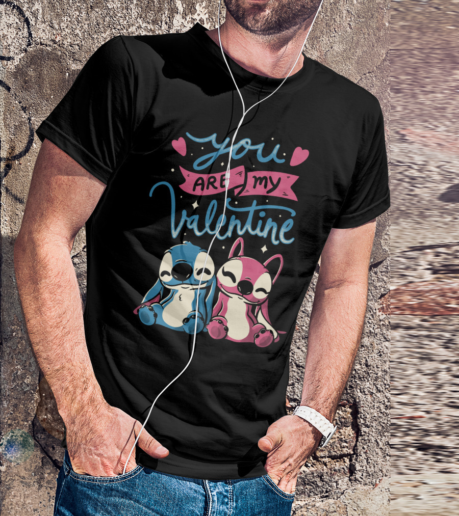 You Are My Valentine Cute Blue And Pink Creature Illustration With Hearts T-Shirt