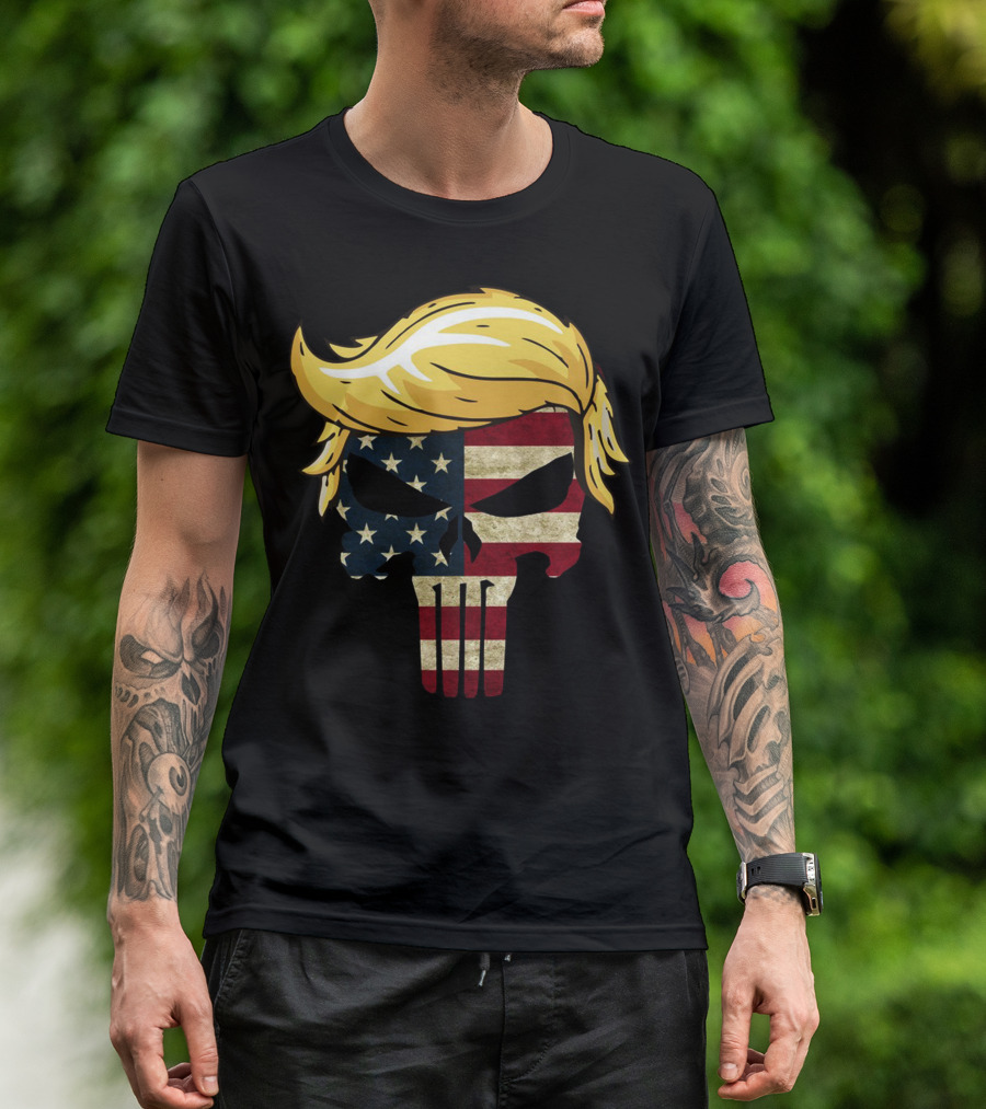Funny Trump Hair American Punisher Skull T-Shirt