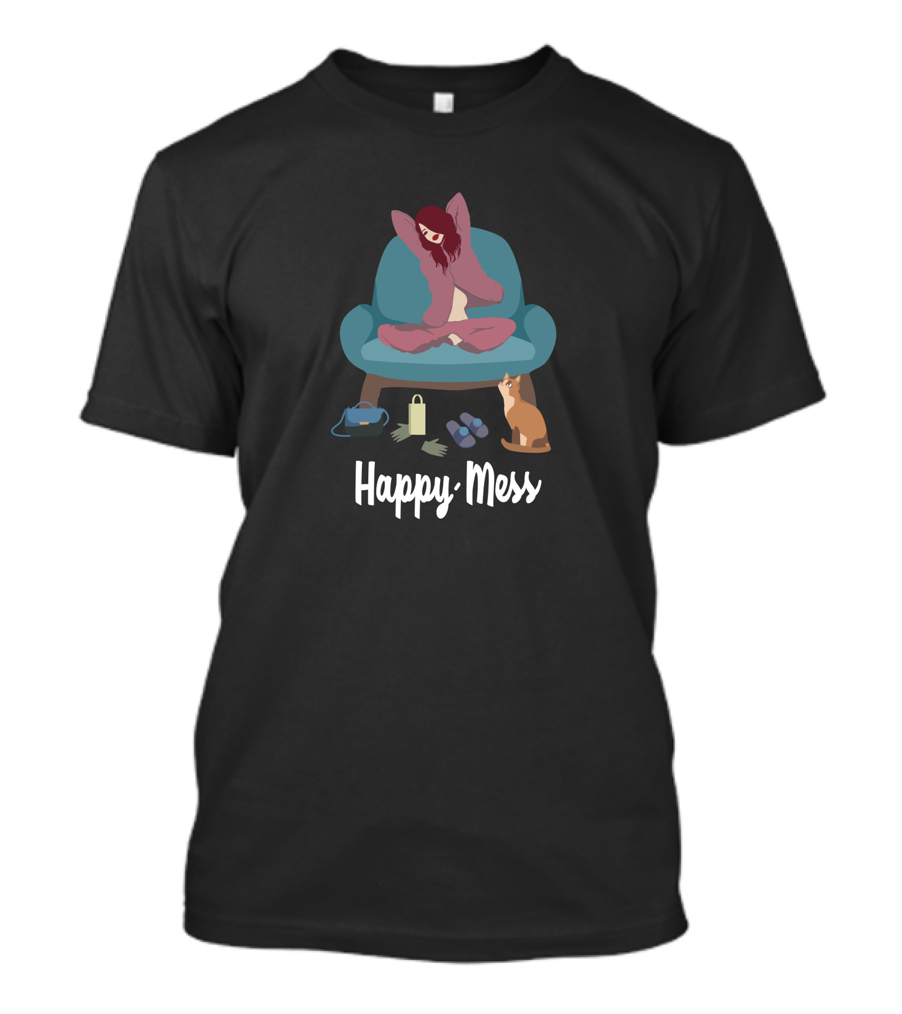 Happy Mess Cozy Chair Cat Relaxation Scene T-Shirt